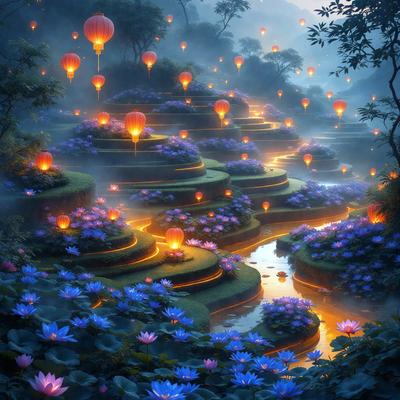 The primary subject of the image is a beautiful garden with a waterfall and a pathway. The garden is filled with purple flowers and lit lanterns, creating a serene and enchanting atmosphere. The setting is a lush, green environment with a waterfall and a pathway that leads to a mountain. The visual style of the image is a combination of digital art and illustration, with the vibrant colors and intricate details of the flowers and lanterns. The overall mood of the image is one of tranquility and beauty, inviting the viewer to explore the enchanting garden.